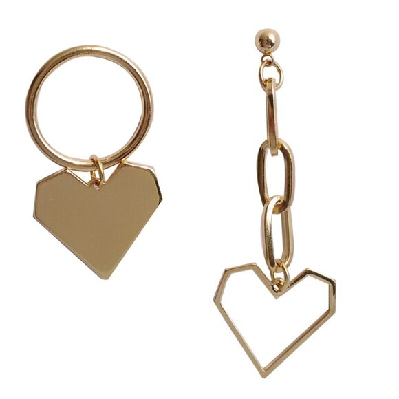 Mismatch Heart Rectangle Chain Gold Tone Dangle Earrings - Picture 4 of 5